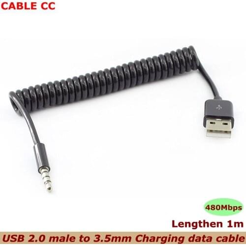 USB 2.0 to 3.5mm audio auxiliary plug male to male lead jack adapter data spring cable, used to connect mobile phone to car MP3