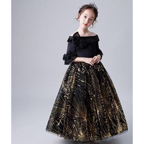 Girl Sequined Evening Dress for Wedding Party Flower girl Tutu Gown shoulderless princess pageant Dress for girls vestidos L20