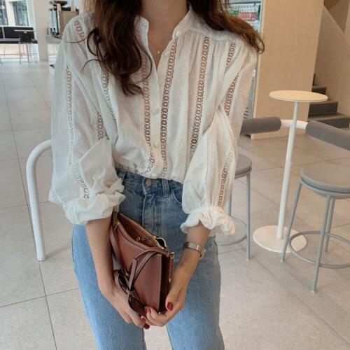 Plus Size White Blouse Korean Casual Womens Shirt Hollow Hook Flower Polka Dot Stand Collar Shirts Long Sleeve Loose Tops 15400