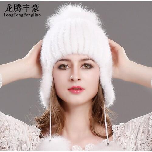 Real Mink Fur Hat Knitted Beanies Winter Hat Mink Hat Fox Fur Pom Poms Cap Hot Sale High Quality Female Beanies Knitting