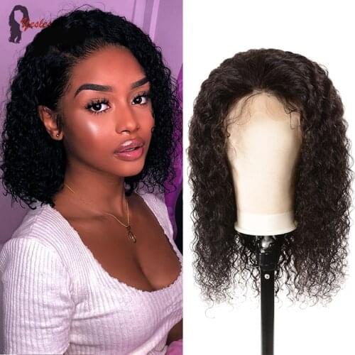 Yeslestm Kinky Curly Short Bob Lace Frontal Human Hair Wigs Jerry Curly Pre Plucked Black Hair For Women Remy Hair Closure Wig