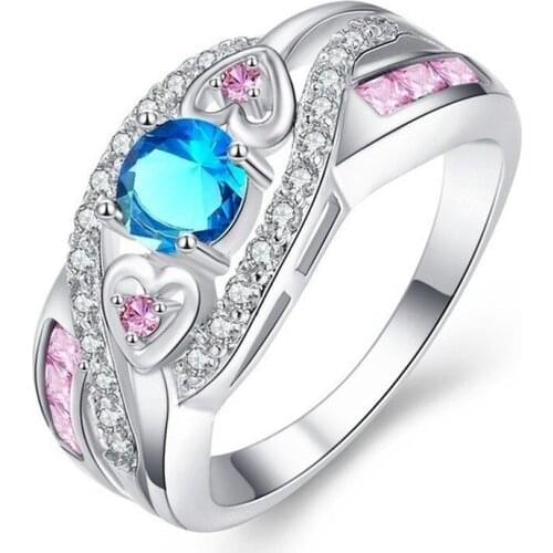Jewelry Womens Exquisite Double Heart Rainbow & Blue & Pink White Topaz Amethyst Gemstone Silver plated Ring