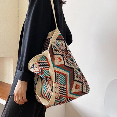Yeqofcd Lady Knitting Bohemian Tote Shoulder Bag Women Crochet Woolen Open Shopper Top-Handle Bags 2021 Female Daily Handbag