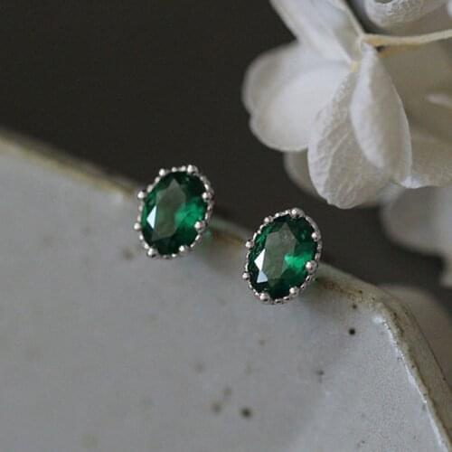 Female Luxury Emerald Small Oval Stud Earrings Green Crystal Zircon Earrings 925 Sterling Silver Gold Earrings For Women Wedding