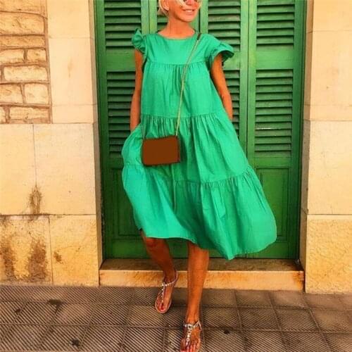 2020 Women New Summer Sundress Casual Ruffles Sleeves o-neck Solid Boho Party Vestidos Elegant Mid-Calf Dresses Fashion Vestidos