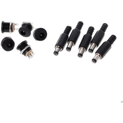 5 Pcs 5.5mm x 2.1mm Male DC Power Plug Connector+5 Pcs Screw Lock Female Panel Socket Mount Adapter