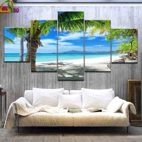 5 Piece Wall Art Diamond Painting Maldives Islands Palm Tree Ocean Painting multi-Pictures For Living Room Decor Seascape poster
