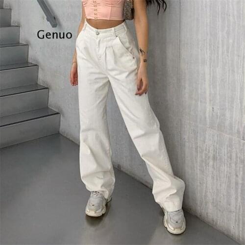Streetwear Cotton White High Waist Pants Women Straight Trousers Solid Fashion Ladies Long Pants Pantalones New