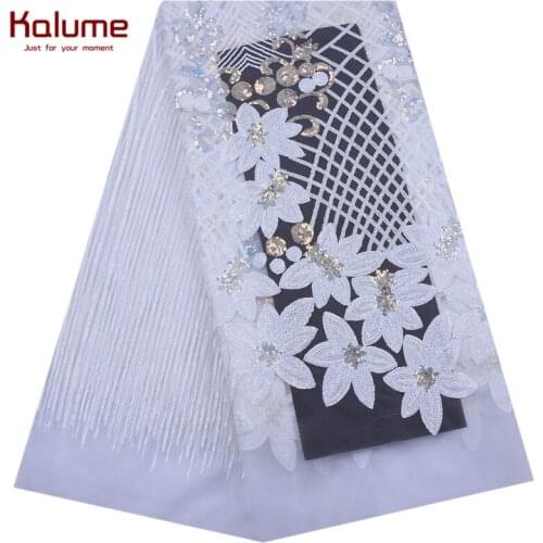 Kalume Pure White African Lace Fabric With Sequins French Mesh Lace Fabric For Bridal Dress Sequin Nigerian Lace For Party F2074