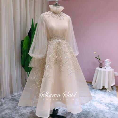 Khaki Long Sleeve Muslim Midi Evening Dress for Women Wedding Party Gowns High Neck Ankle Length Arabic Dubai Formal Prom Dress