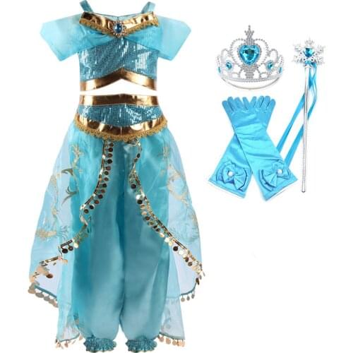 Jasmine Cosplay Dress Arabian Princess Costume Kids Baby Girl Princess Party Carnival Fantasy Ball Evening Dress 3-10 Years