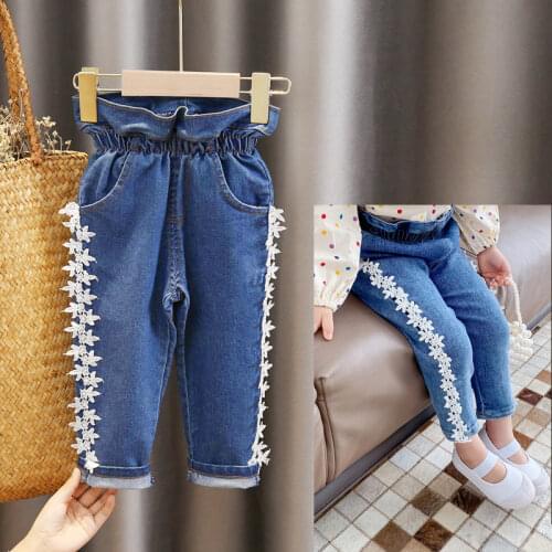 For 6M-5Y personality Jeans Girl Lace Jeans Girls Princess lace Jeans Lace stitching Childrens jeans casual Childrens clothing