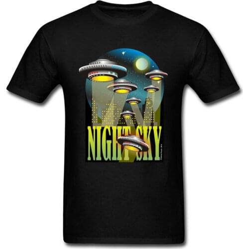 Night Sky UFO 100% Cotton Tops Shirt Men Classic Alien Flying Saucer Tshirts Summer Faddish Round Neck Tops T Shirt