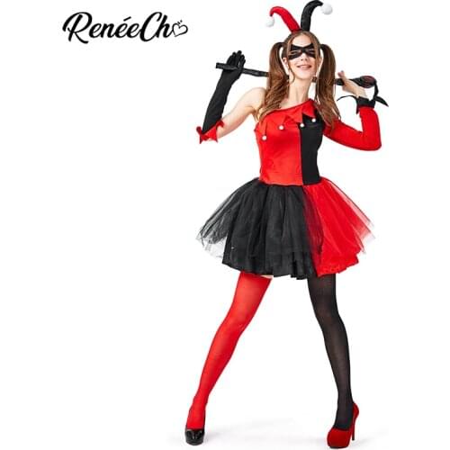 Reneecho Halloween Costume For Adult Women Evil Jester Costume Female Clown Cosplay Tutu Fancy Party Dress For Carnival