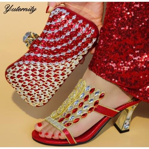 Summer Good Quality Women Shoes And Bag Set African Rhinestone High Heels Shoes And Bag To Match Set For Party Large Size 37-42