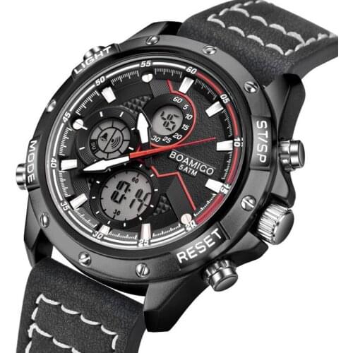BOAMIGO Mens Watches Top Brand Luxury Military Digital Quartz Watch Leather Waterproof Sport Chronograph Wrist Watch