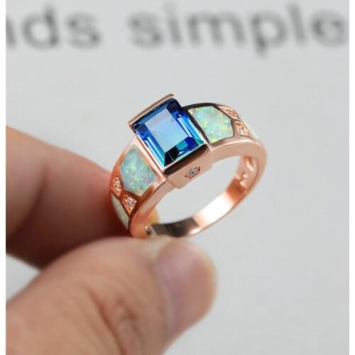 White Fire Opal Rose Gold Engagement Ring Blue Green Crystal Rainbow Square Zircon Rings For Women Vintage Bride Wedding Jewelry