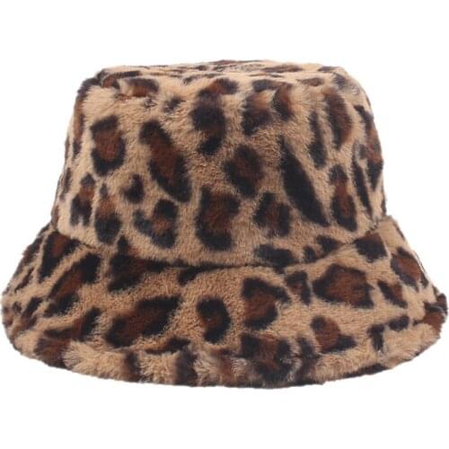 Fashion Winter Leopard Faux Fur Bucket Hats For Women Girl Cow Print Plush velvet Warm Panama Black White Fisherman Hats