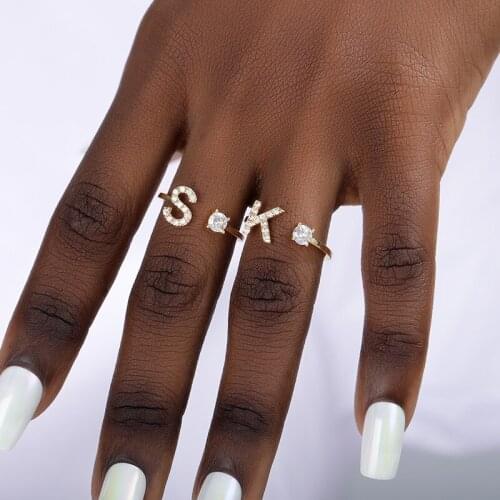 CZ A-Z 26 Initial Letter Rings For Women Stainless Steel Gold Name Alphabet Adjustable Opening Ring Wedding Jewelry Friend Gift
