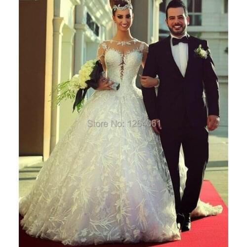 Gorgeous Princess Long Embroidery Lace Vestidos De Noiva Wedding Dresses 2015 Appliques Long Sleeve Bridal Gown Sheer Back