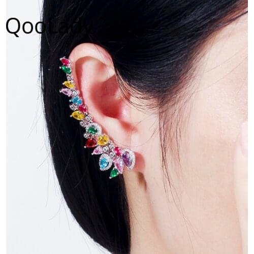 QooLady Luxury Multicolor Cubic Zircon Asymmetrical Climber Long Ear Cuff Stud Earrings for Women Wedding Statement Jewelry E181
