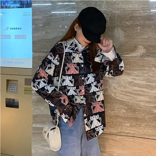 2021 Women Summer Shirts Kawaii Lovely Retro Loose Retro Cat Print Shirt Female Sweet Punk Tunic For Girl Womens Cute Top