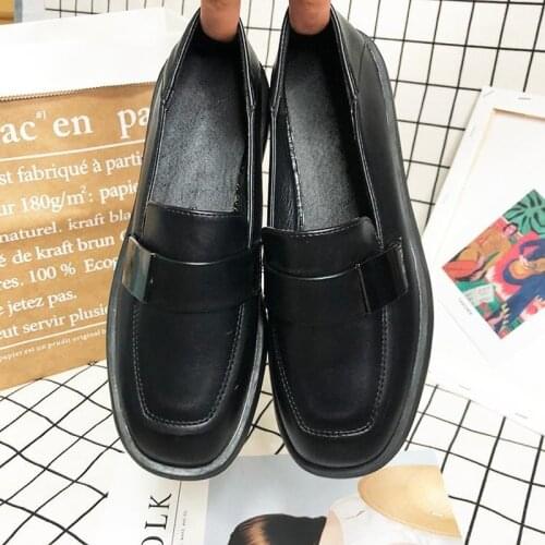 Autumn Solid Leather Flats Oxfords Shoes For Women Slip-on Retro Shoes Thick Bottom Platform Metal Buckle Casual Shoes Woman