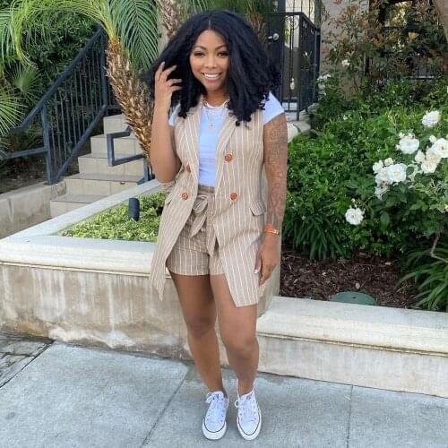 2021 Best Quality Fashion Design 2 pcs Blazer Women Set Striped Notched Blazer And Shorts Summer Office Lady Outfits