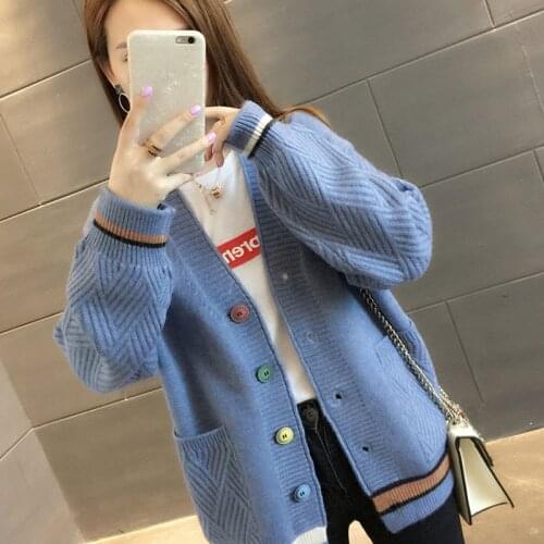 Color Single Breasted Knit Cardigan Women Coat 2021 Autumn Winter Color Matching V-Neck Casual Loose Warm Knitwear Pull Femme