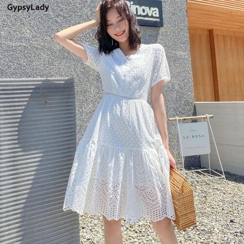 GypsyLady Floral Embroidery Midi Dress 100% Cotton Hollow Out White Summer Holiday Dress Sheer Boho Sexy Chic Women Dresses 2021