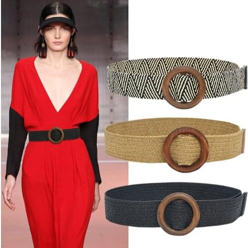 2020 Braided Waist Belt Elastic Pp Grass Round Wooden Smooth Buckle Fake Straw Wide Belts For Women