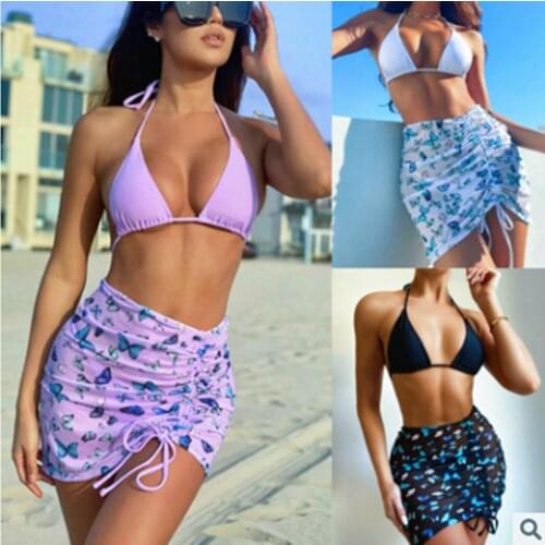 B212W 2021 New Swimsuit Women Fashion Butterfly Print Swimwear Three Piece Bikini Set