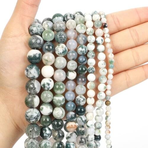 Natural Stone Tree agate Charm Round Loose Beads For Jewelry Making Needlework Bracelet Diy Strand 4-12MM