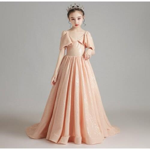Flower Girl Dresses Illusion Sequined Spaghetti Straps Off The Shoulder Princess Floor-Length Tulle V-Neck Kids Party Gown H208