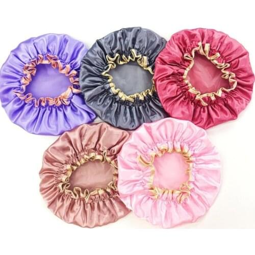 Double Layer Waterproof Shower Cap Reusable Solid Elastic Band Bath Cap Thicken Adult Makeup Hair Cover LX8370