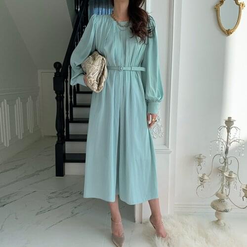Elegant Ladies O-neck Long Sleeve Dresses Fashion Folds Lantern Sleeve Female Party Dress With Belt New Autumn Women Long Dress