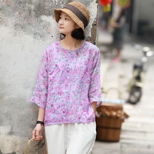 Women Ramie Loose Tops T-shirt Tees Shirts Ladies Printed Retro Cute T-shirts Female Vintage Ramie Tops Summer 2018