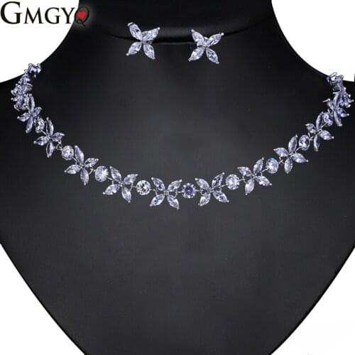 GMGYQ Luxe wit goud-kleur Elegante Vorm Bridal Cubic Zirkoon Ketting Oorbellen Sets Bruiloft Sieraden Sets Voor Vrouwen Gift