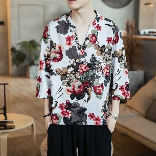 Chinese Style Cotton Linen T Shirt Men 3/4 Sleeve Vintage Casual Mens T Shirts V Neck Print Summer Fashion Kung Fu Clothes 10826