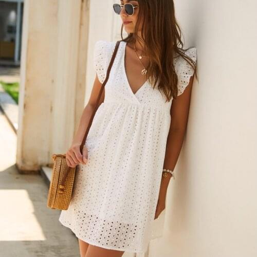 Lace Dress v-Neck Flying v-Neck Above-Knee Summer Office Lady Dress Elegant Hollow Out Holiday For Women Clothing SECENSE