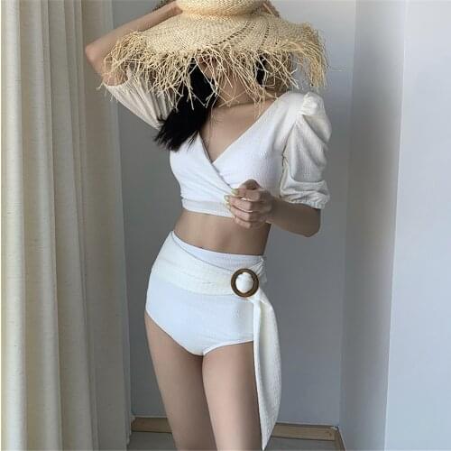 Sexy Short Sleeve Bikini Women Solid Swimwear High Waist Biquini Belt Swimsuit Crop Top Push Up Pad Bathing Suit Belt Clip White