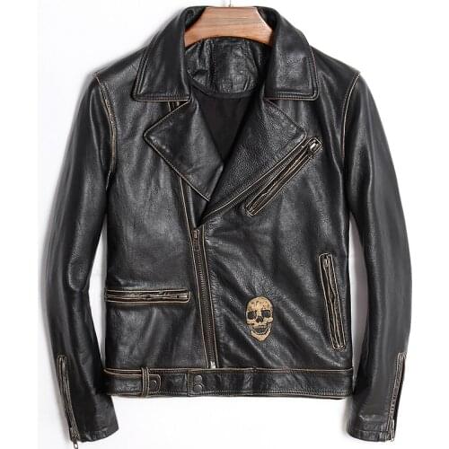 URBAN BARON New Men Vintage Cow Leatehr Motorcycle Jacket Fashion 3D Print Floral Cowskin Slim fit Riding Biker Jackets