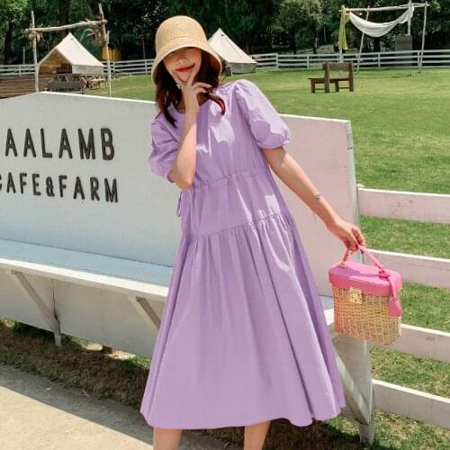 868# Maternity Dress Summer Cotton O Neck Strawstring Short Sleeves Loose Stylish Dress Pregnant Women Mom Dress