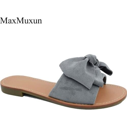 MaxMuxun Women Butterfly Knot Bonded Leather Slippers Beach For Outside Use Ladies Sandals Slip On Slide Flat Shoes For Adult