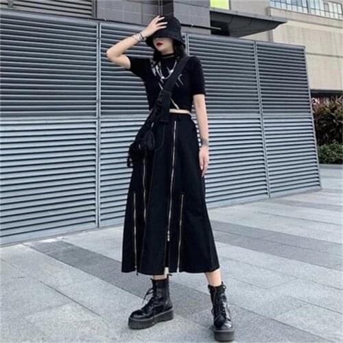 Autumn new style black series irregular zipper dress women solid color casual high waist skirt