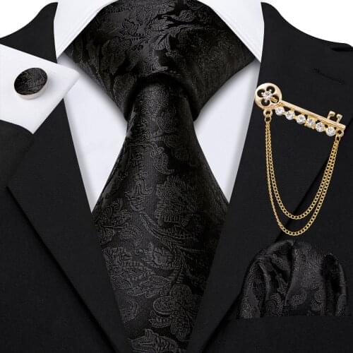 New Men Tie Black Floral Paisley Striped Jacquard 100% Silk Tie Necktie Handkerchief Cufflinks Brooch Set Wedding Party 160*9cm