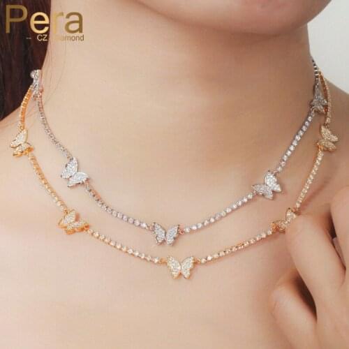 Pera Adjustable Fashion Butterfly Shape Yellow Gold Round Cubic Zirconia Link Chain Chokers Necklace for Ladies Jewelry P017