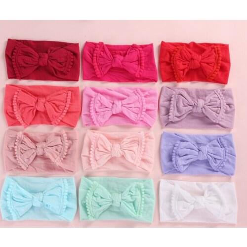 Wide Nylon Bow Headband with Pompom Trim, Knot Bow Nylon Head wraps, One size fits most