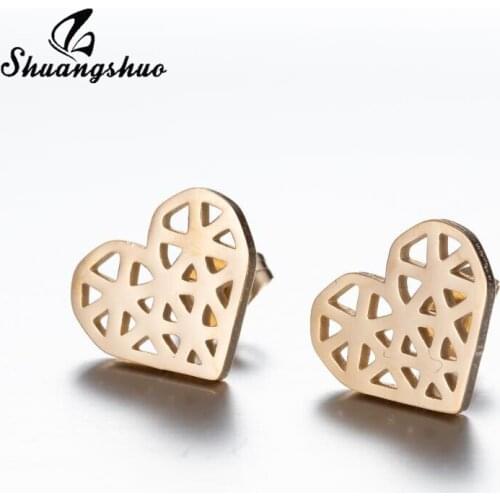 Shuangshuo Origami Sweet Cute Peach Heart Stainless Steel Stud Earrings for Women Lover Holiday Gift Bff Fashion Jewelry 2020