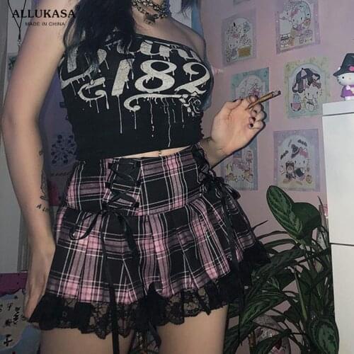 Lace Up Goth Y2K Woman Skirts Pink Stripe Plaid Lace Trim Pleated School Skirt Punk Dark Academia Aesthetic E Girl Clothes